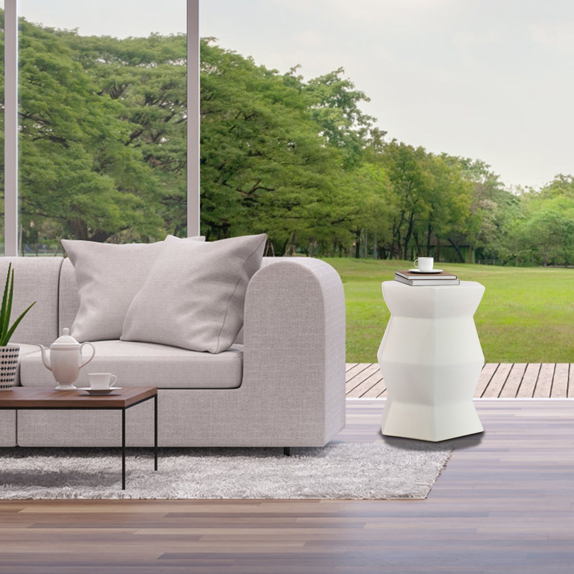 Contemporary Ceramic Drum Stool Indoor / Outdoor Side Table Glazed Accent Garden Stool - White Home Essentials