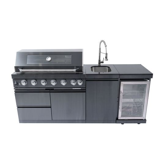 6 Burner 85, 000 Btu Outdoor Kitchen Island Grill With Wine Cooler Refrigerator, Rotisserie Kit, Granite Countertops & Sink - Black Daily Nest