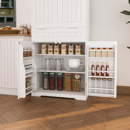 Farmhouse Style Pantry Cabinet With Drawer 2 Cabinets & 6 Door Shelves Adjustable Shelves Freestanding Cupboard - White Home Essentials