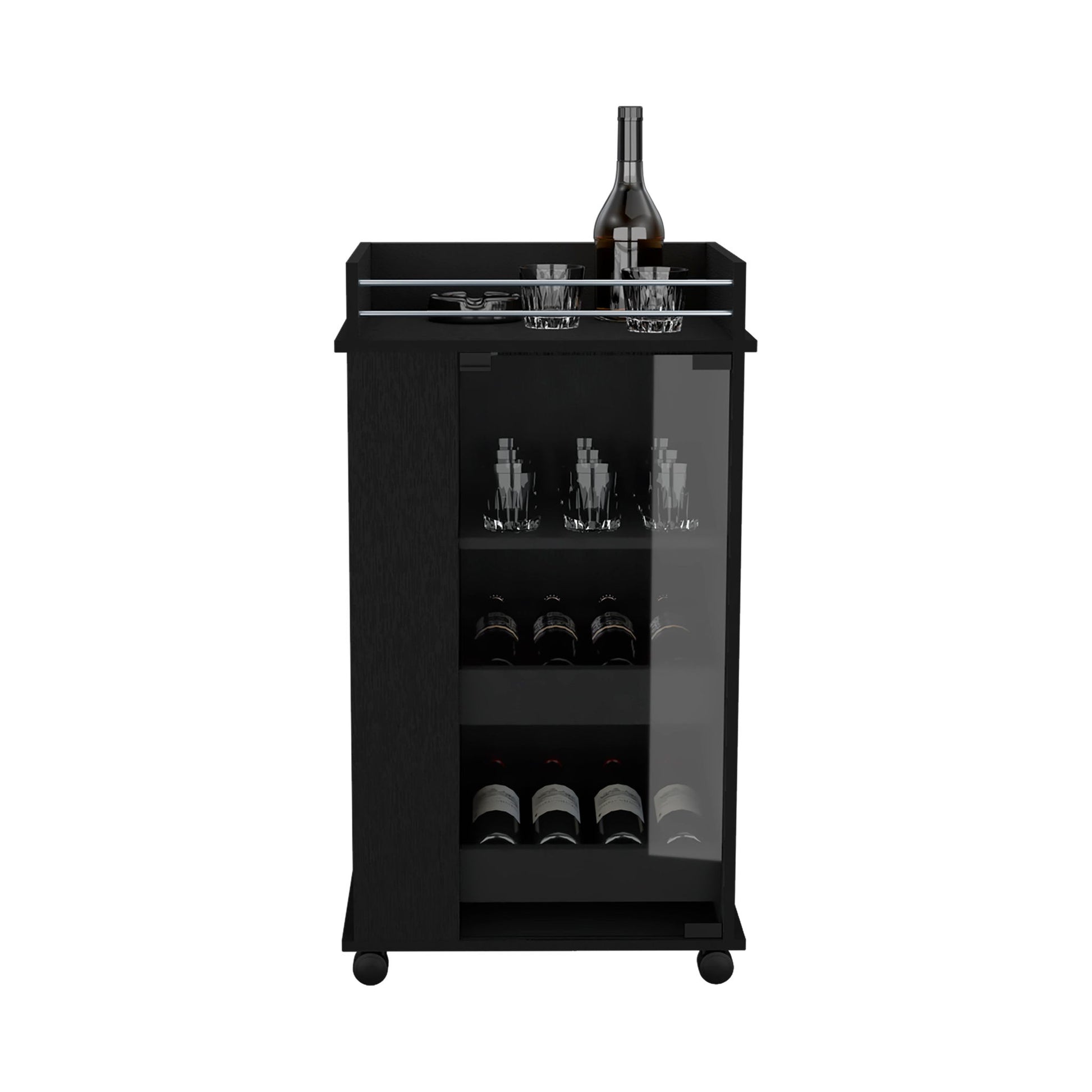 Bar Cart With Glass Door, 2 Side Shelves And Casters - Black Home Essentials