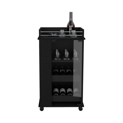 Bar Cart With Glass Door, 2 Side Shelves And Casters - Black Home Essentials