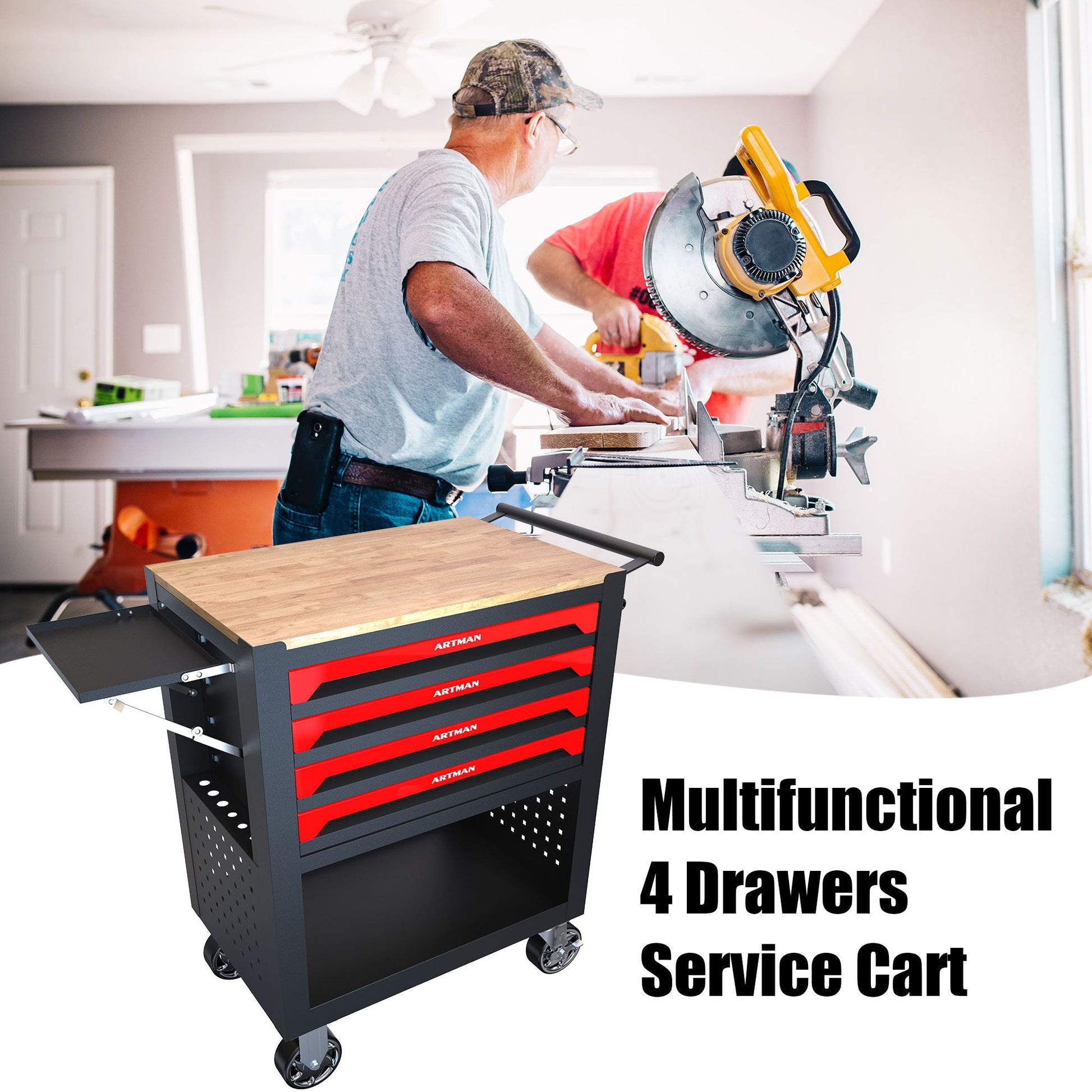 4 Drawers Multifunctional Tool Cart With Wheels And Wooden Top Daily Nest