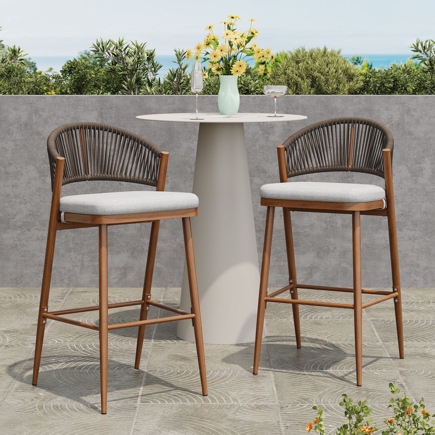 Outdoor Bar Height Metal Frame Counter Stools With Scallop Shaped Backrest & Water Resistant Cushions Noble House