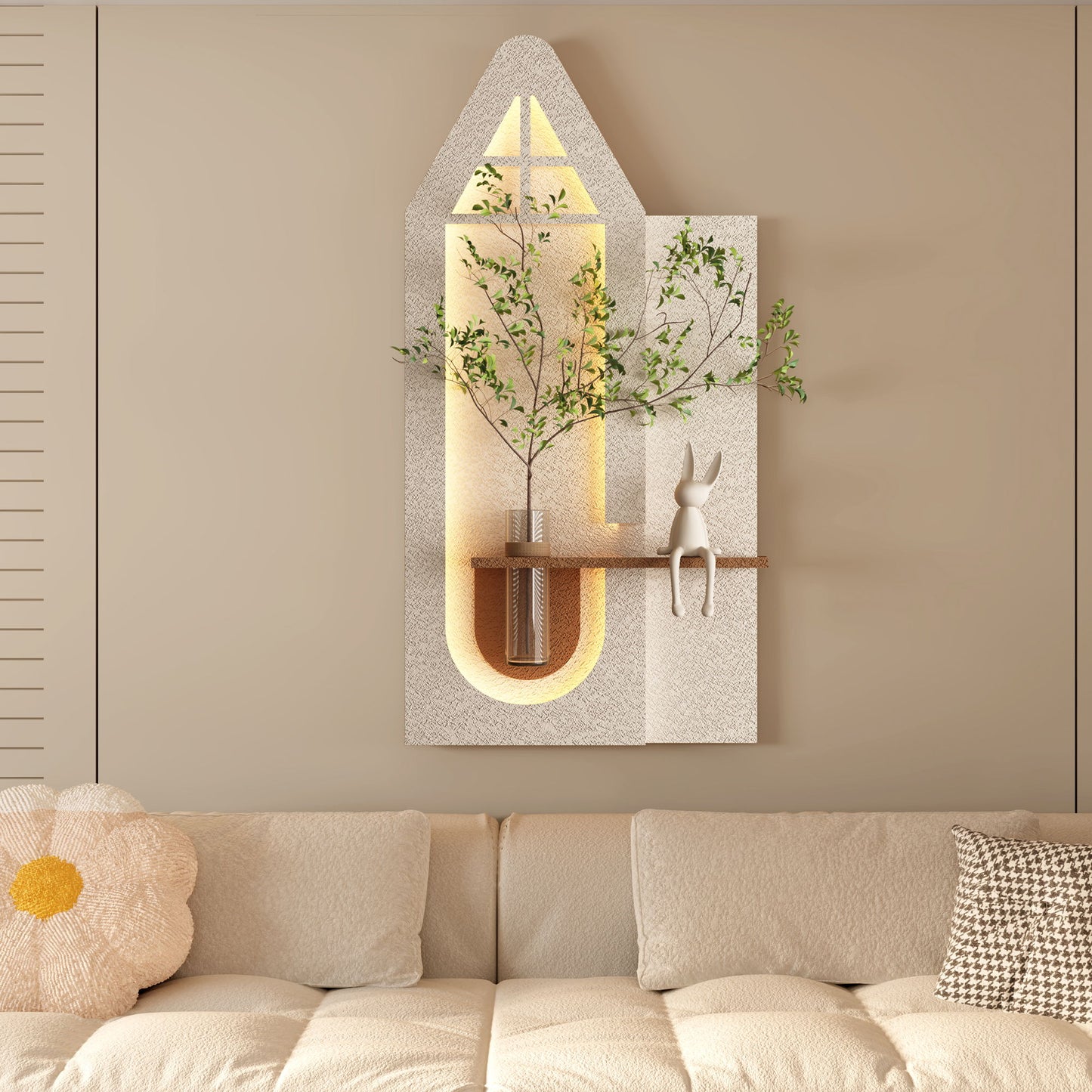 Adjustable 3 Color LED Sandstone Wall Decor With Simulated Plants, Glass Vase & Rabbit Statue - Light Coffee Daily Nest