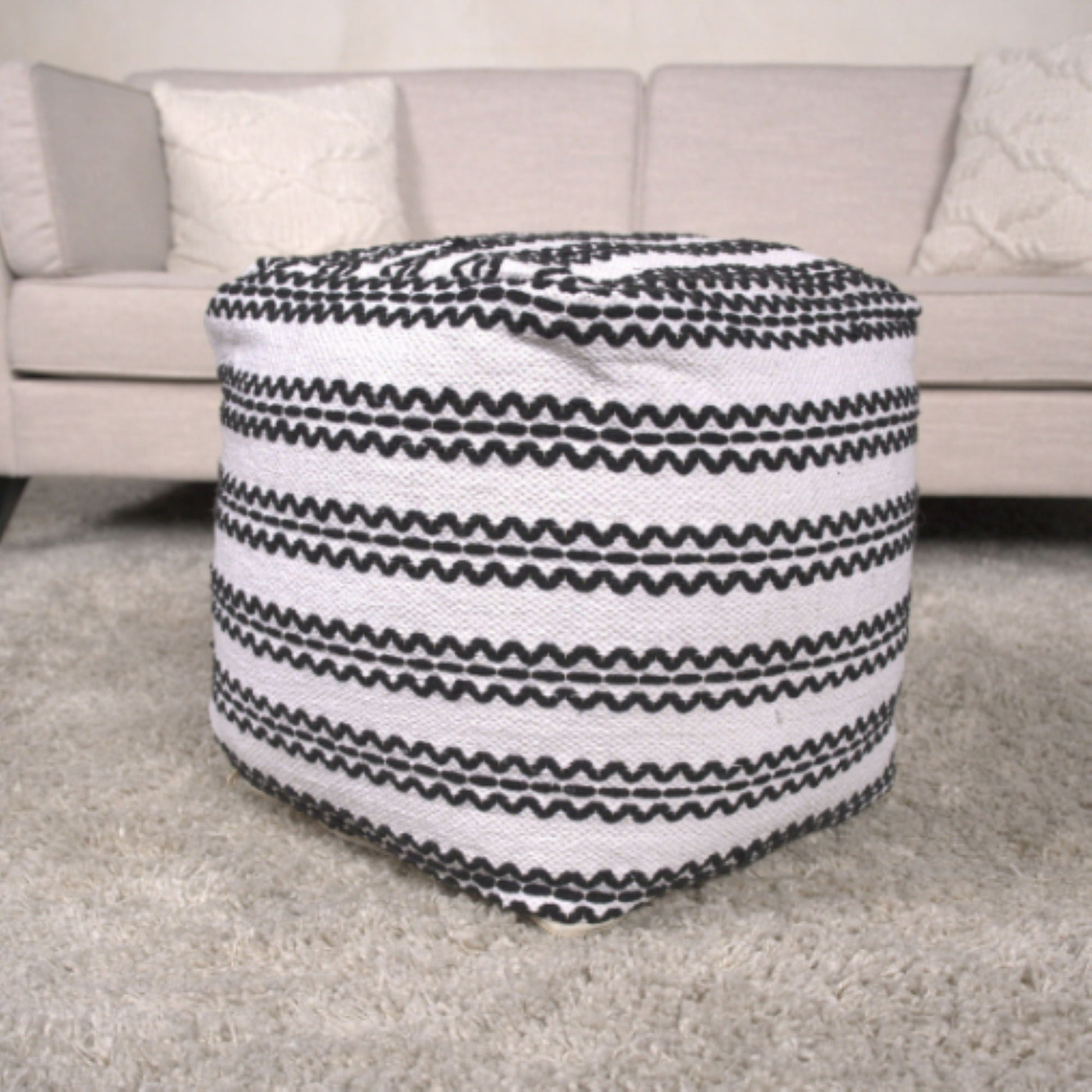 Lani - Handcrafted Fabric Pouf, Durable Cotton Square - Natural / Black Home Essentials