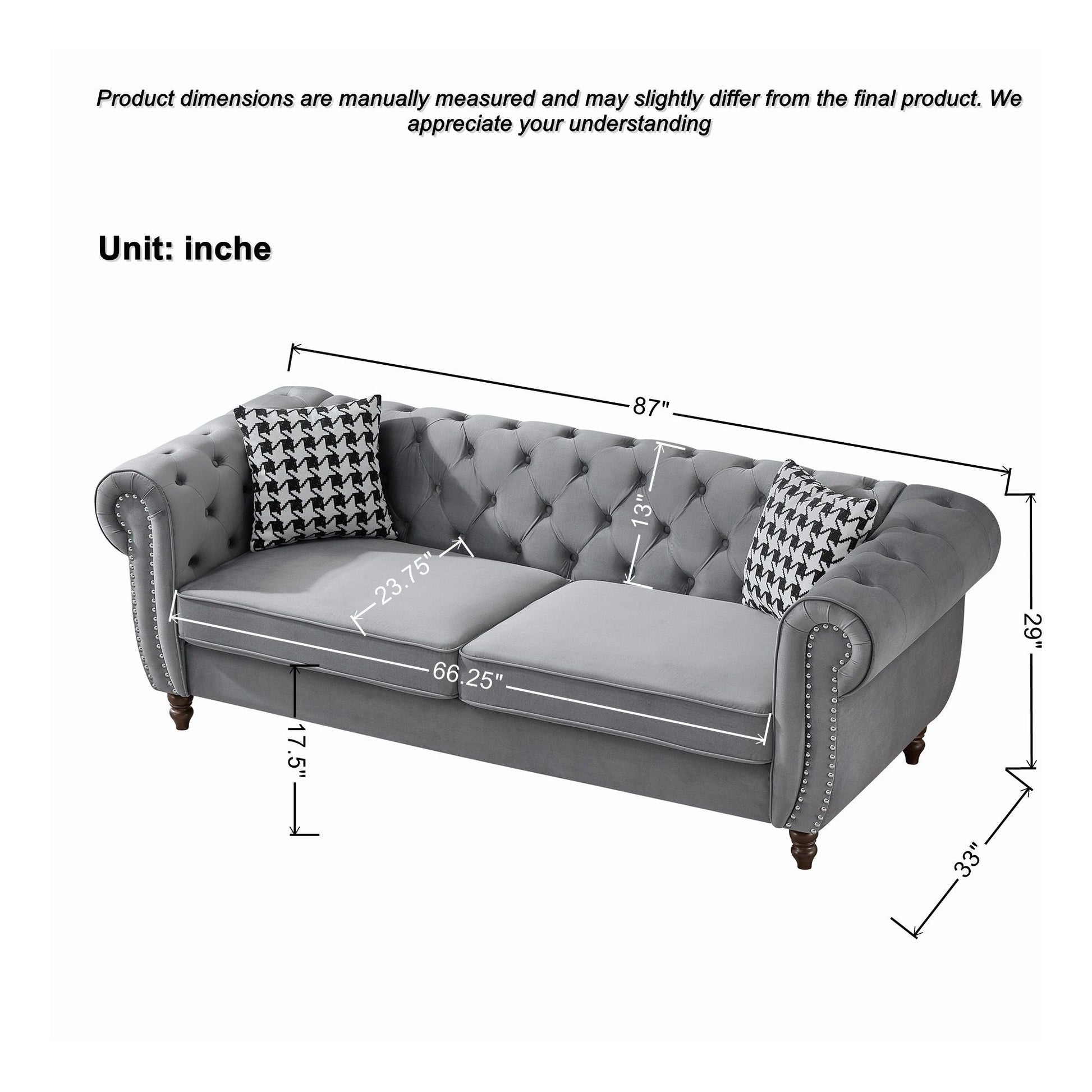 Chesterfield Upholstery Fabric Sofa With Roll Armrest & Nailhead Home Essentials