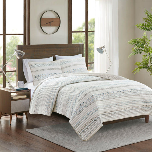 Fraser - 3 Piece Printed Microfiber Seersucker Quilt Set - Taupe