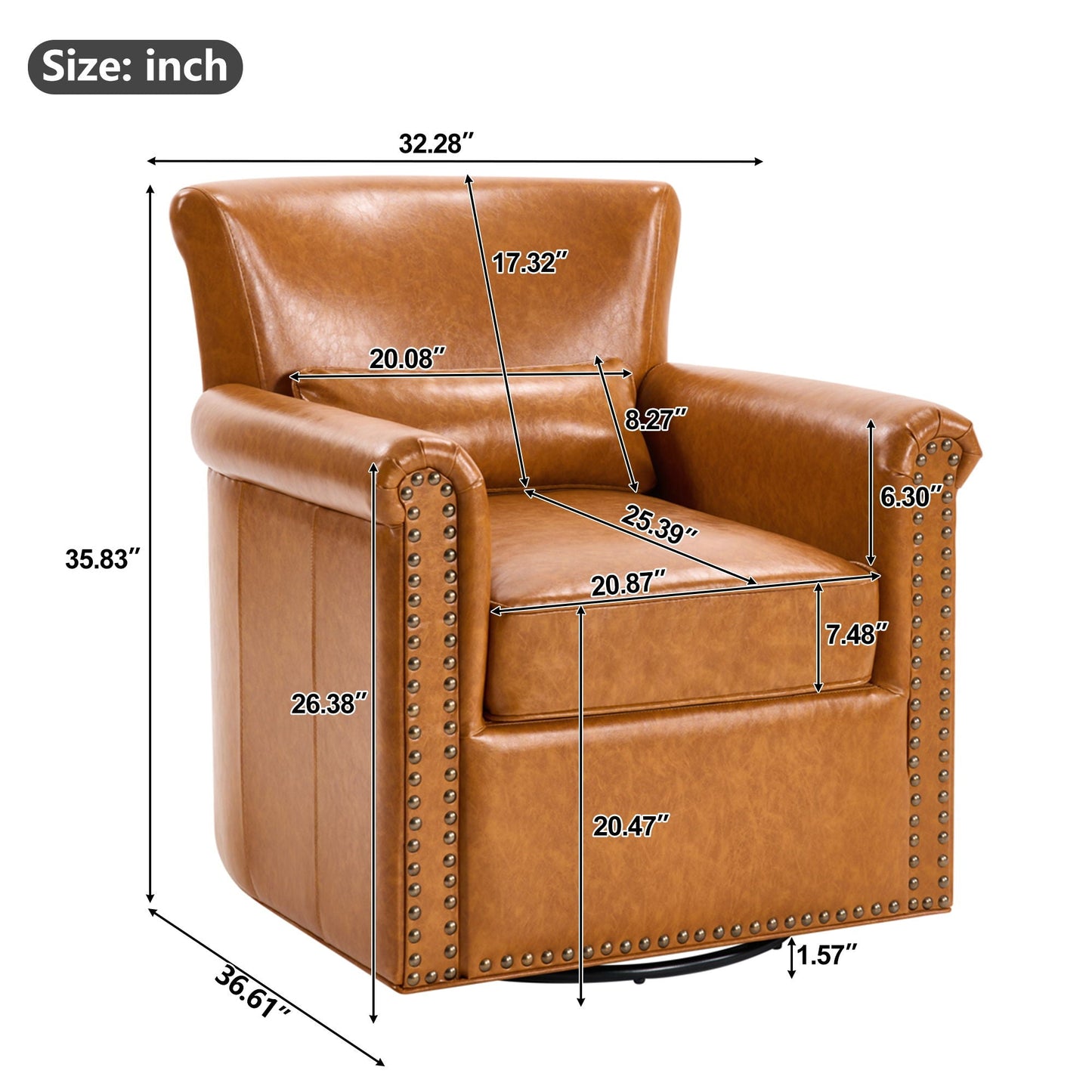 Swivel Accent Chair With Rolled Arm, Sewn Pillow Back, Nailhead Trim For Living Room Noble House