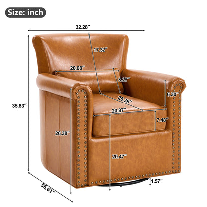 Swivel Accent Chair With Rolled Arm, Sewn Pillow Back, Nailhead Trim For Living Room Noble House