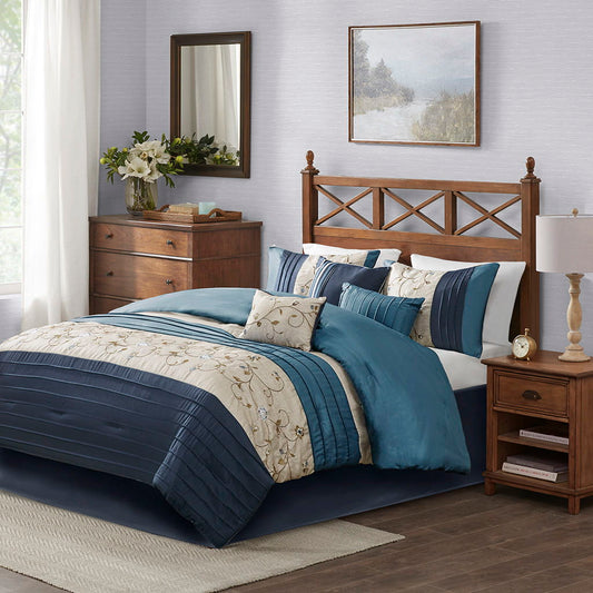 Serene - Queen Embroidered Piece Comforter (Set of 7) - Navy Madison Park