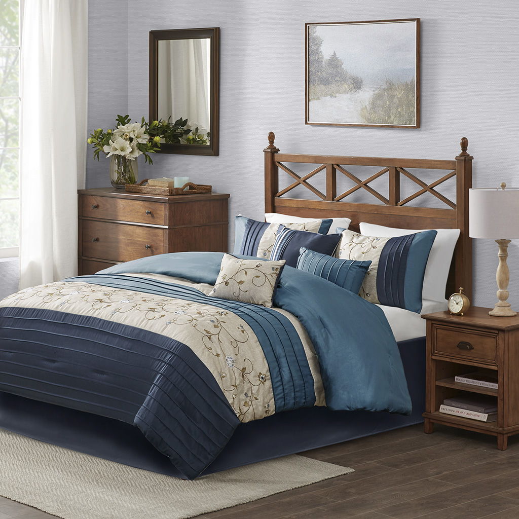 Serene - Queen Embroidered Piece Comforter (Set of 7) - Navy