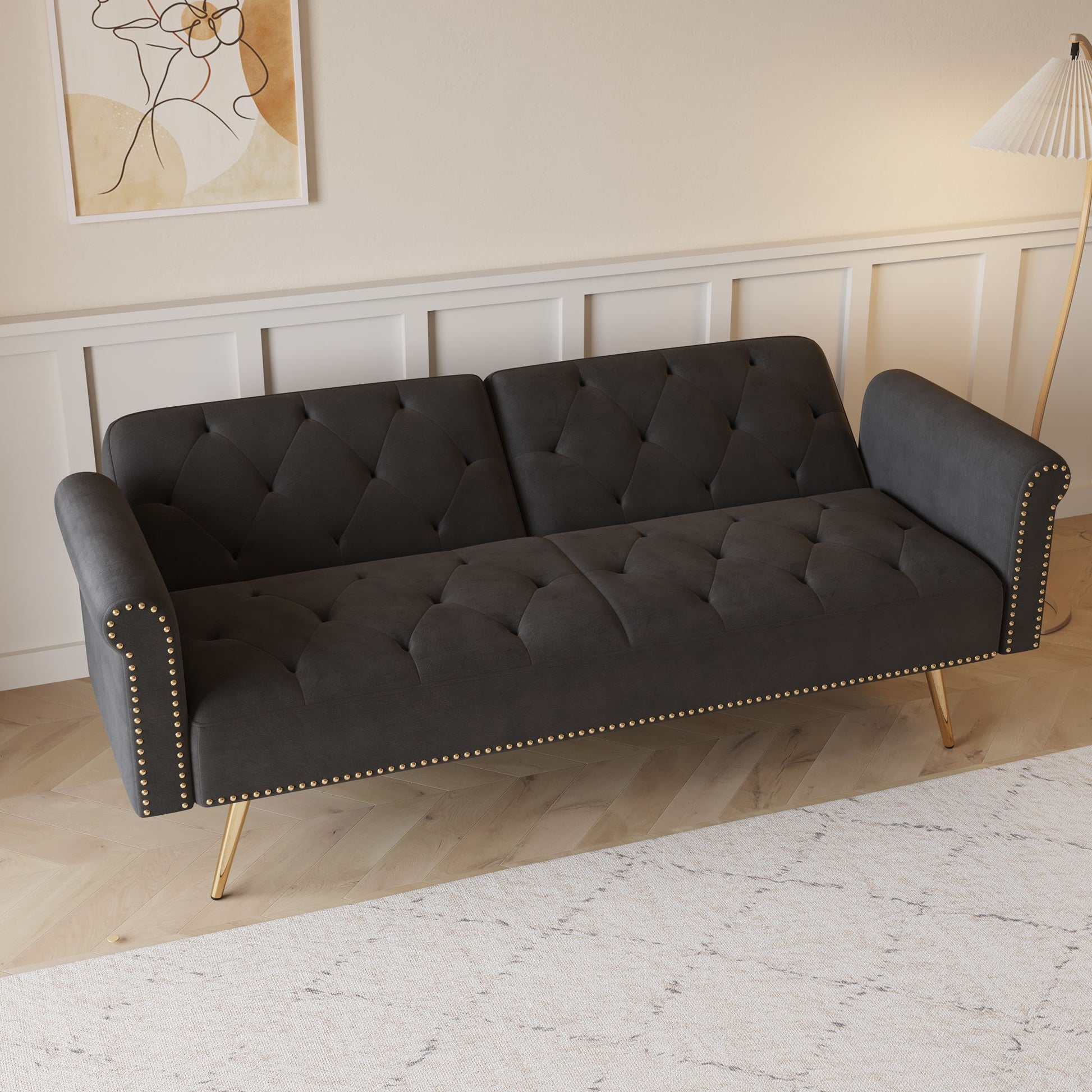 Luxurious Velvet Sofa Bed With Nail Head Trim And Matching Pillow Home Essentials