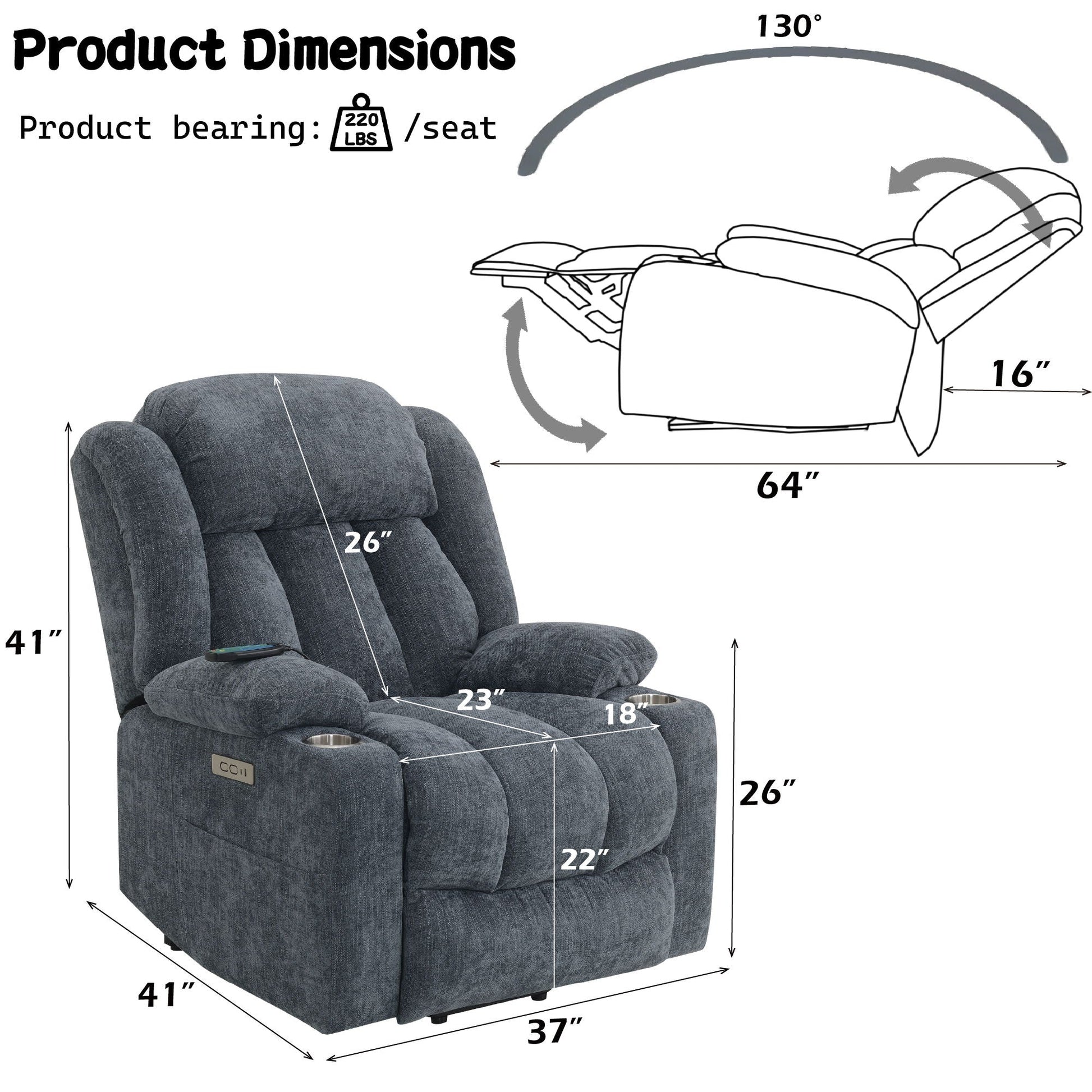 Power Motion Recliner With Lift Heating Massage Function - Blue Acme