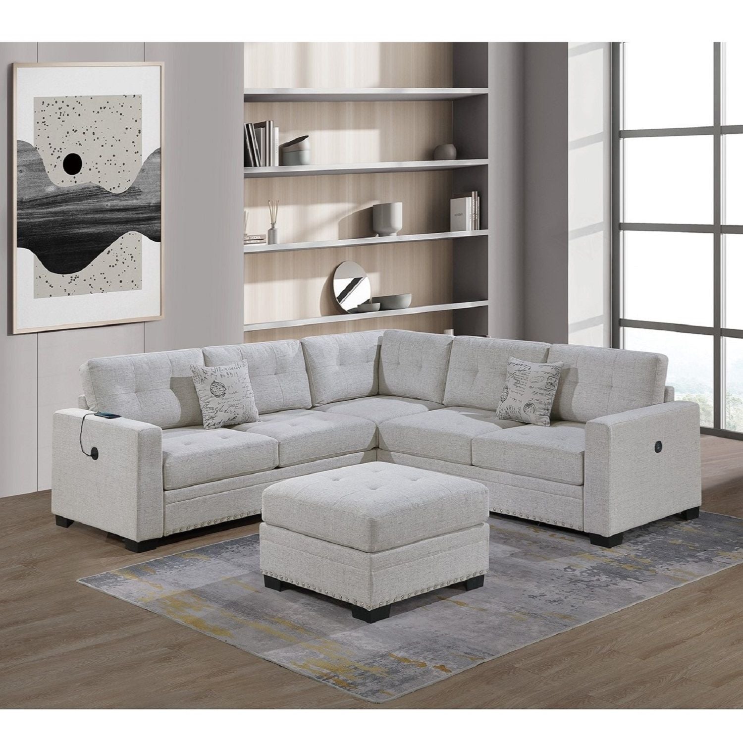 Casual Simple Tufted Sectional 4 Piece Set With USB Loveseat Home Essentials