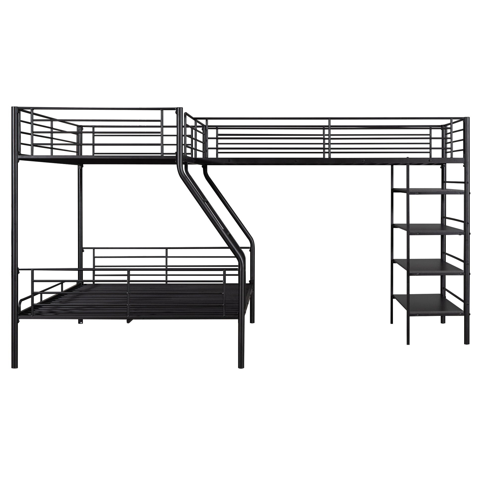 L-Shaped Twin Over Full Bunk Bed And Twin Loft Bed With 4 Built In Shelves - Black Hearth and Haven