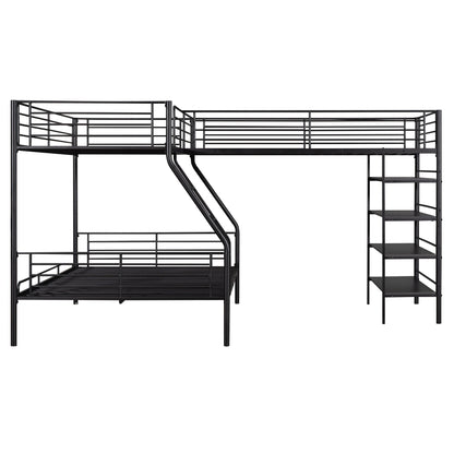L-Shaped Twin Over Full Bunk Bed And Twin Loft Bed With 4 Built In Shelves - Black Hearth and Haven