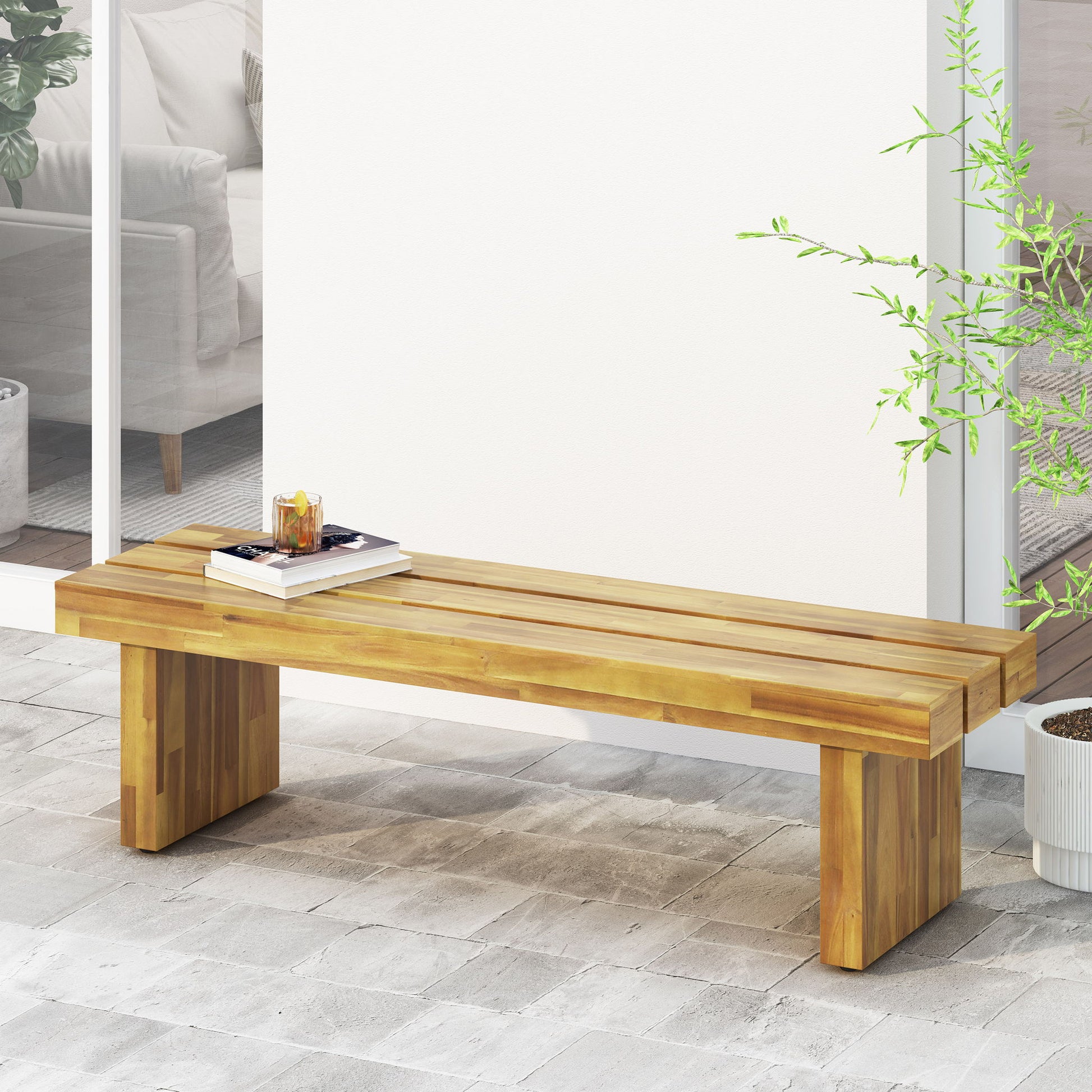 Nahanni - Rustic Acacia Wood Bench With Slat Design - Natural Noble House