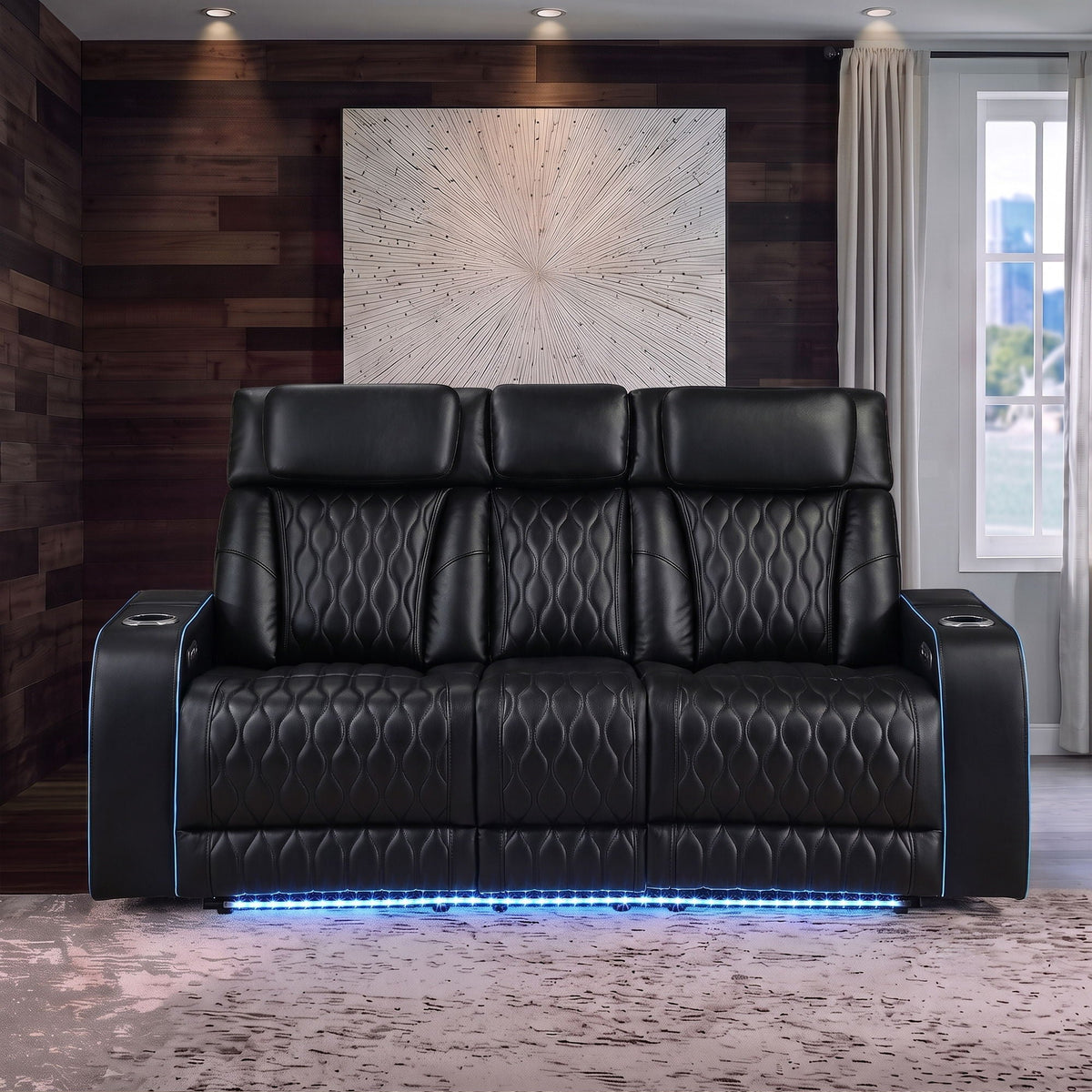 Electra - Power Reclining Sofa With Power Headrests, Drop Down Table, Reading Light, Massage, LED Lighting And USB Control Matrix Furniture Group