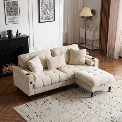 3 Seat L-Shaped Chenille Sofa With Removable And Storage Ottoman, Side Storage, And USB / C - Type Charging Ports Sofa For Living Room