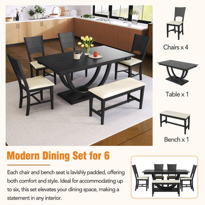 Topmax - 6 Piece Wood Half Round Dining Table Set Kitchen Table Set With Long Bench And 4 Dining Chairs, Modern Style