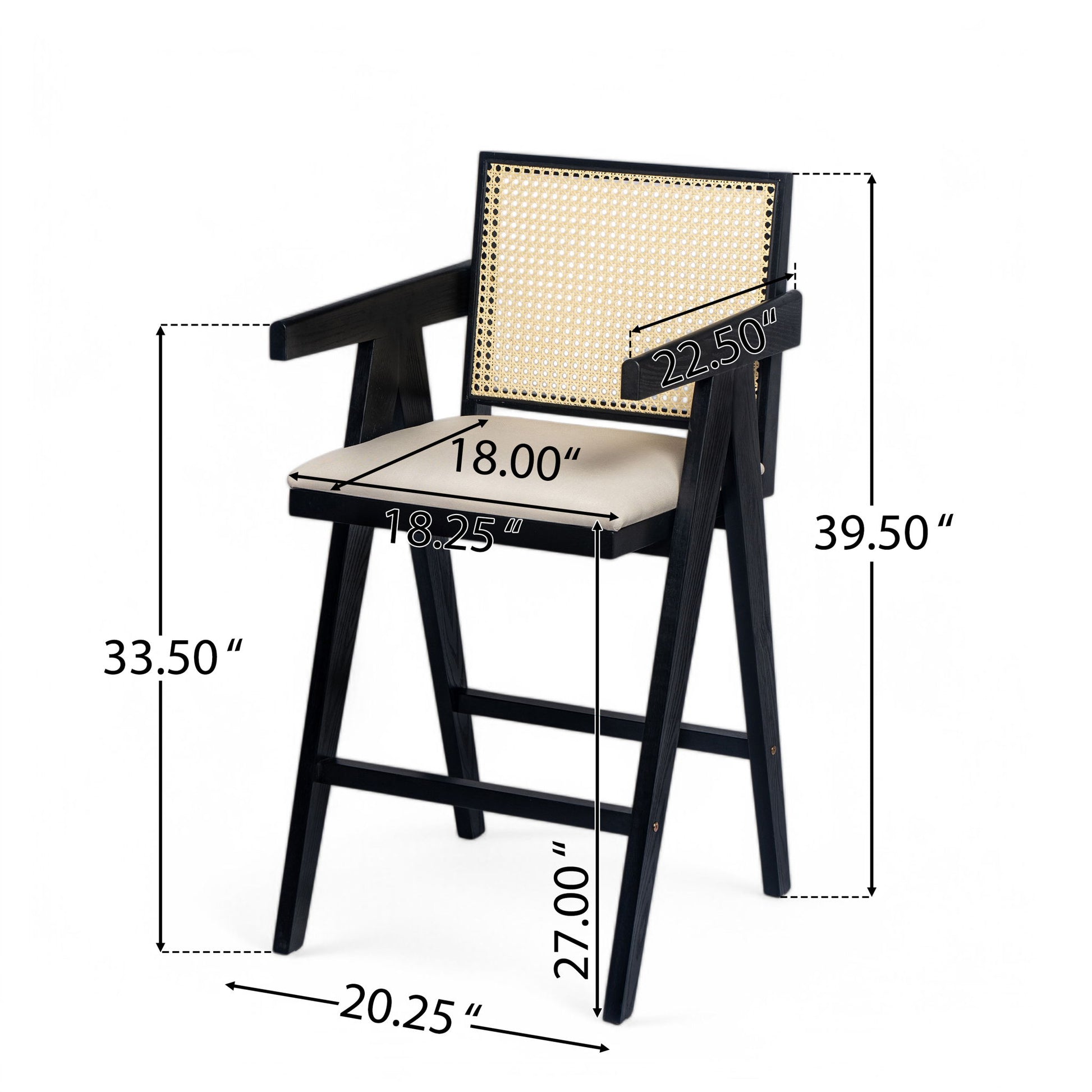 Woven Cane Plastic Backrest Bar Stool Foam Padded Fabric Seat & Durable Rubberwood Frame - Cream Gray Noble House