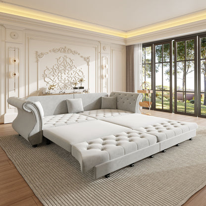 Oversized Chesterfield Pull Out Sofa Bed, Roll Arm Couch With Flower Tufting For Living Room Home Essentials