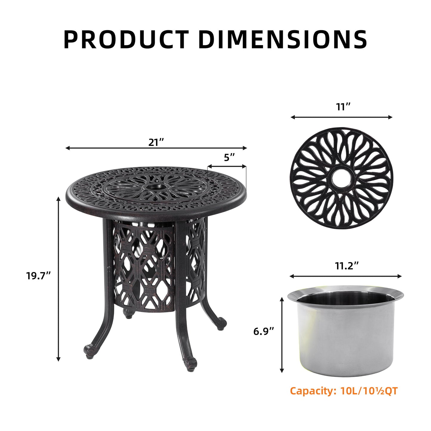 Side Table With Removable Ice Bucket, Hand Brushed Finish, Food Grade Bucket For Indoor & Outdoor Use - Antique Bronze Life Outside