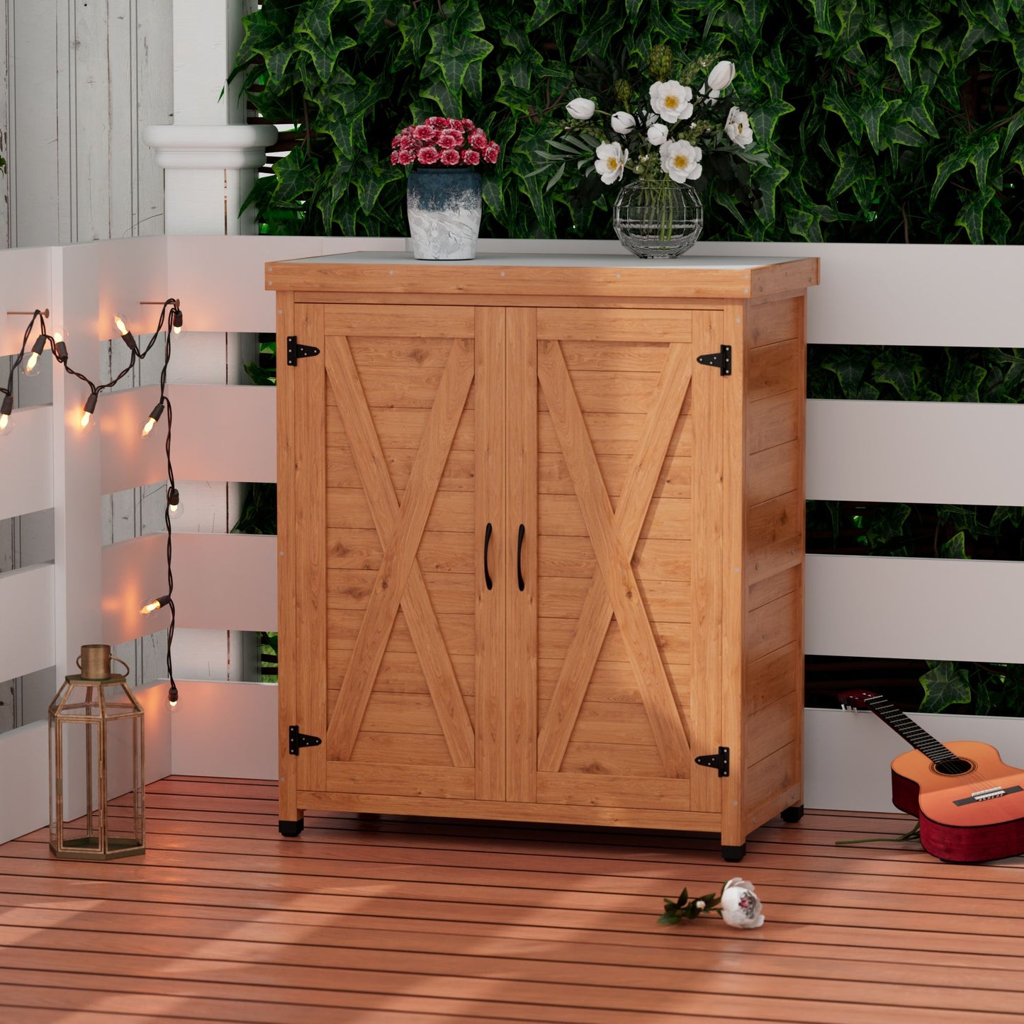 Rustic Cedar Potting Bench With Storage Cabinet And Metal Table Top For Outdoor Patio - Light Brown Home Essentials
