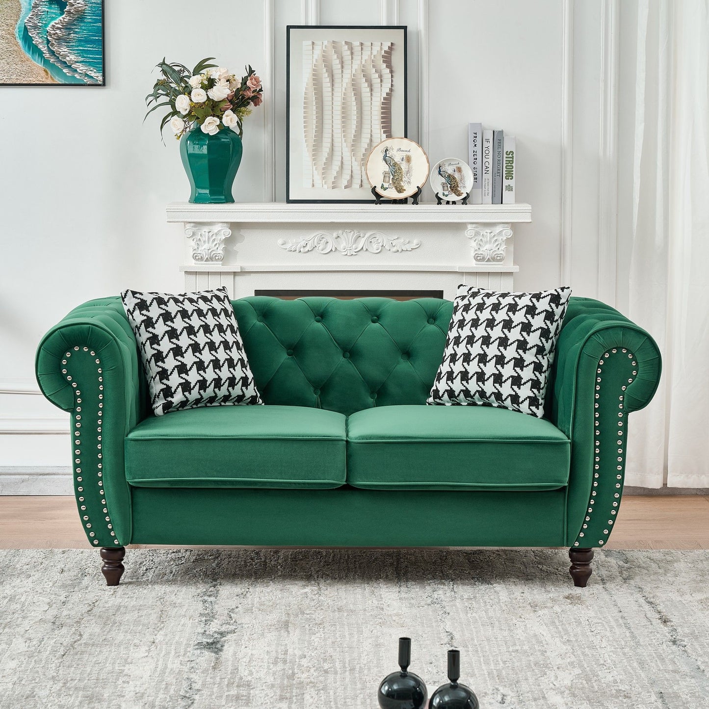 Chesterfield Velvet Fabric Sofa With Roll Armrest And Nailhead, Mid Century 2 Seater Couch Home Essentials