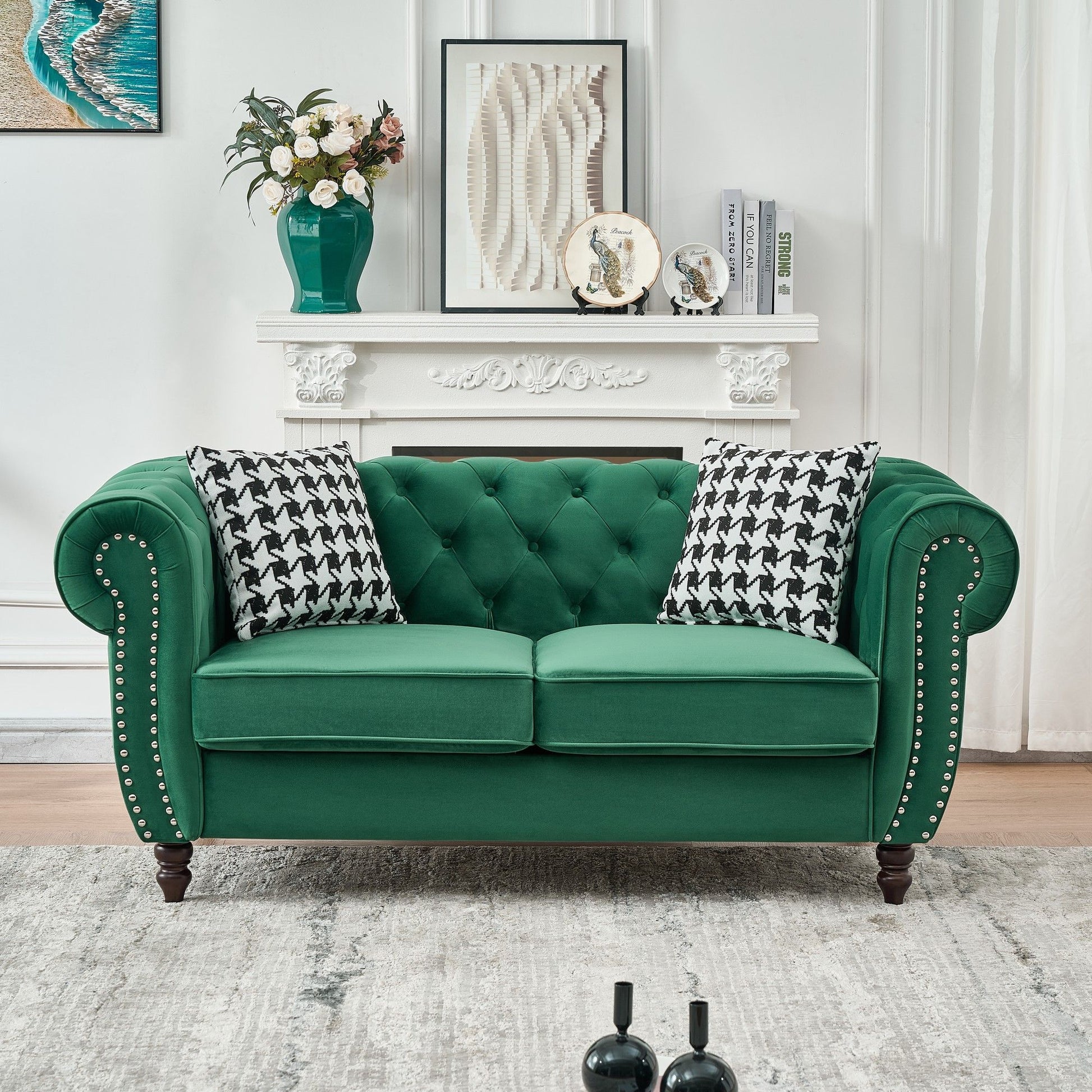 Chesterfield Velvet Fabric Sofa With Roll Armrest And Nailhead, Mid Century 2 Seater Couch Home Essentials