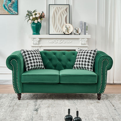 Chesterfield Velvet Fabric Sofa With Roll Armrest And Nailhead, Mid Century 2 Seater Couch Home Essentials