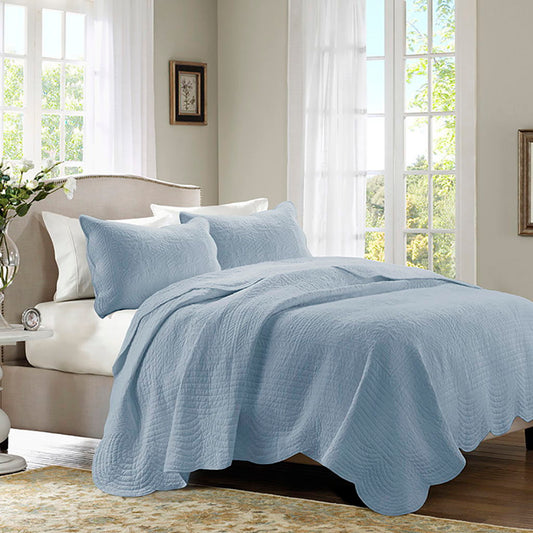 Tuscany - 3 Piece Full Reversible Scalloped Edge Quilt Set - Blue