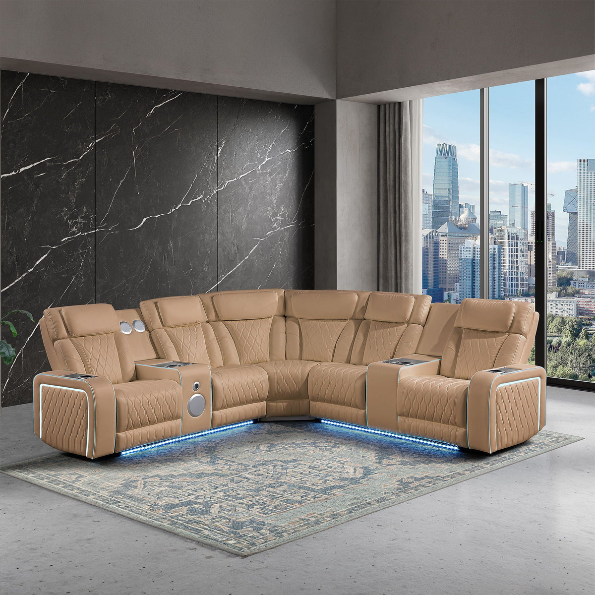 Electra - Power Recliner Sectional Sofa With Power Headrests, Console Loveseats, Wedge, LED Light Strip, Speakers Matrix Furniture Group