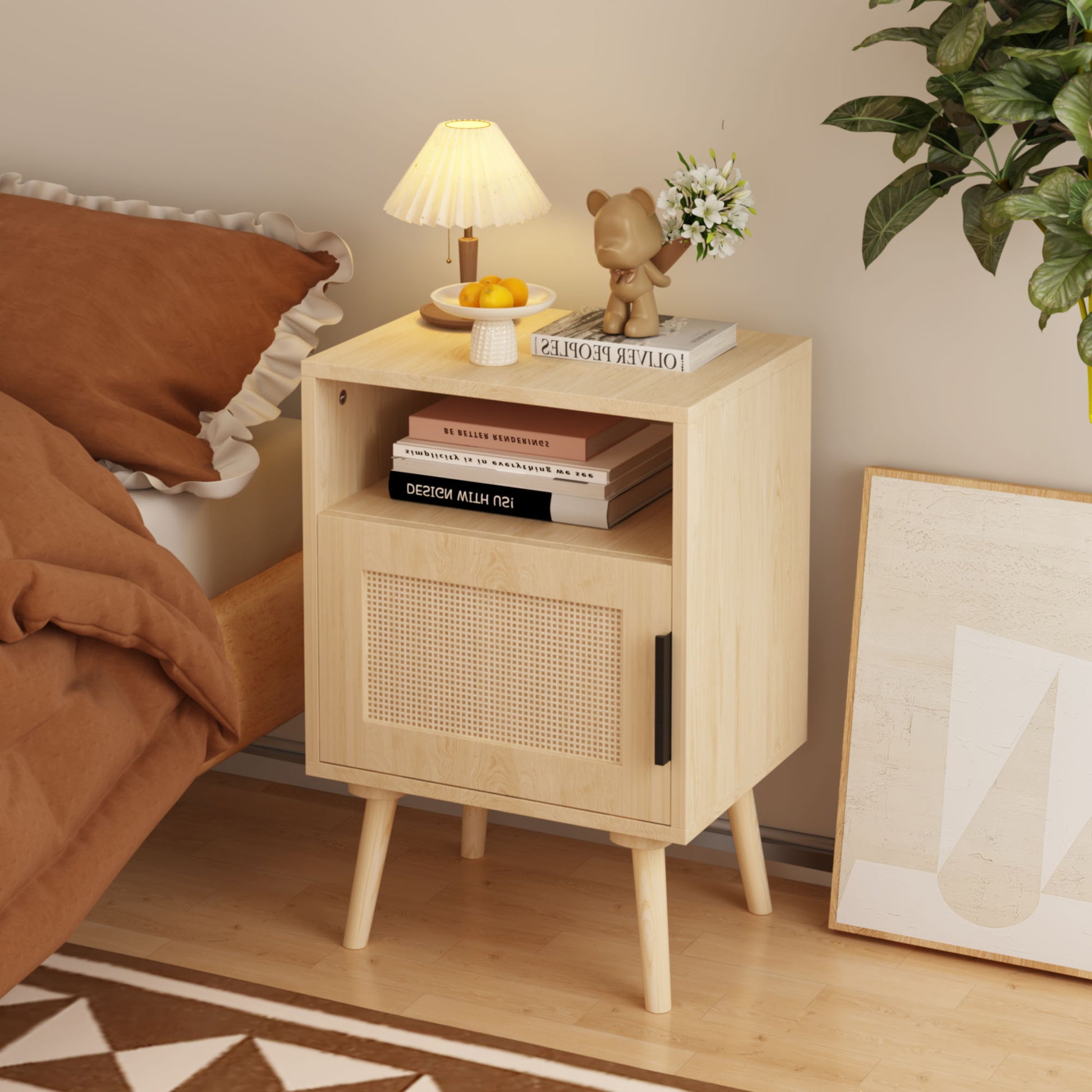 Nightstand, Side Table With Door And Open Shelf For Bedroom - Oak Home Essentials