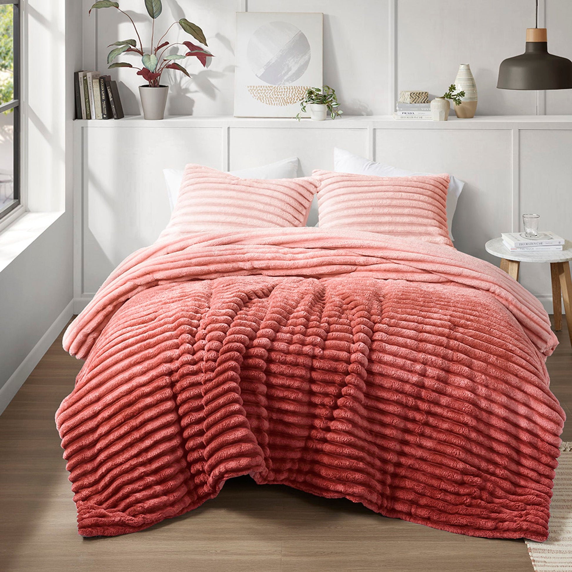 Avril - King/California King Fluffy Ribbed Plush Comforter Set - Blush Ombre Super Listing