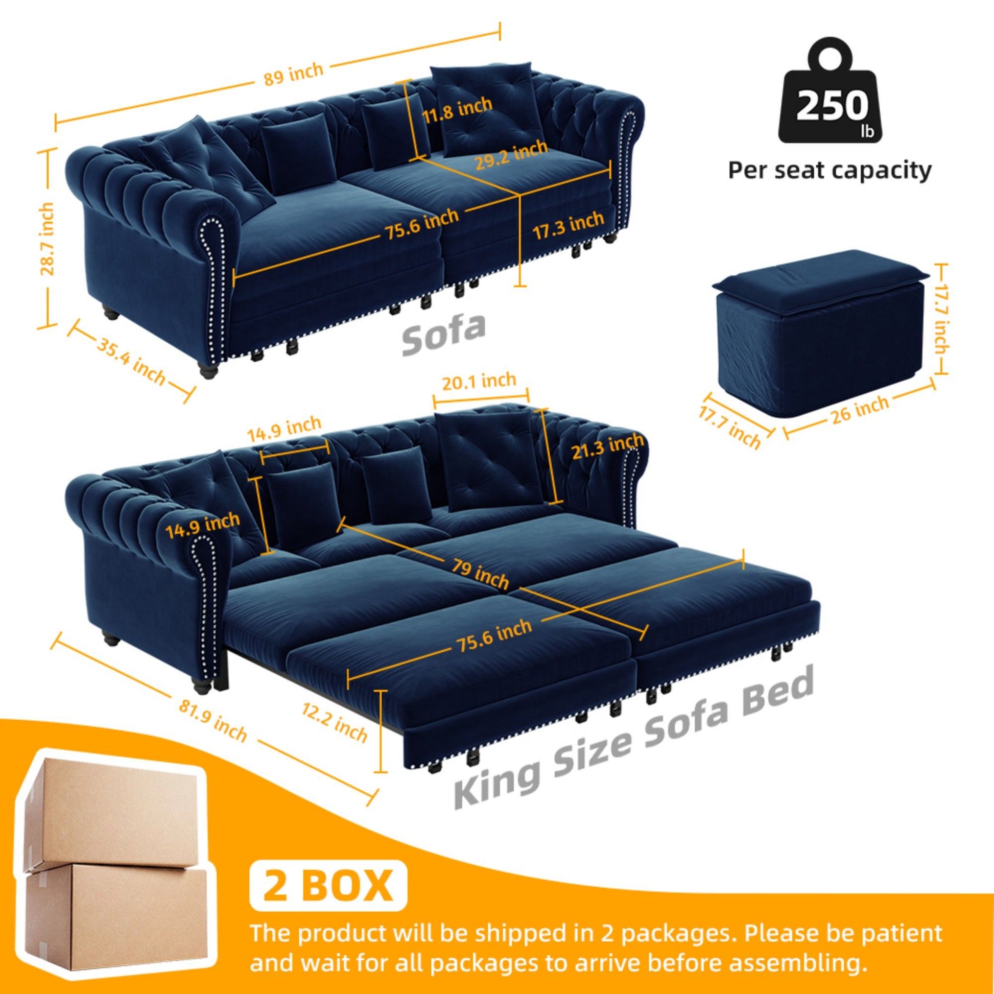 3 In 1 Convertible Sleeper Sofa Bed With Movable Ottoman Home Essentials