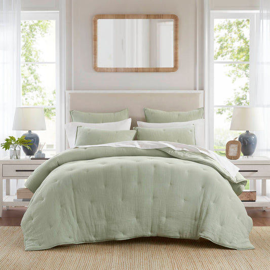Breeze - Full/Queen Cotton Gauze Embroidered Quilt Set - Sage Harbor House Blue