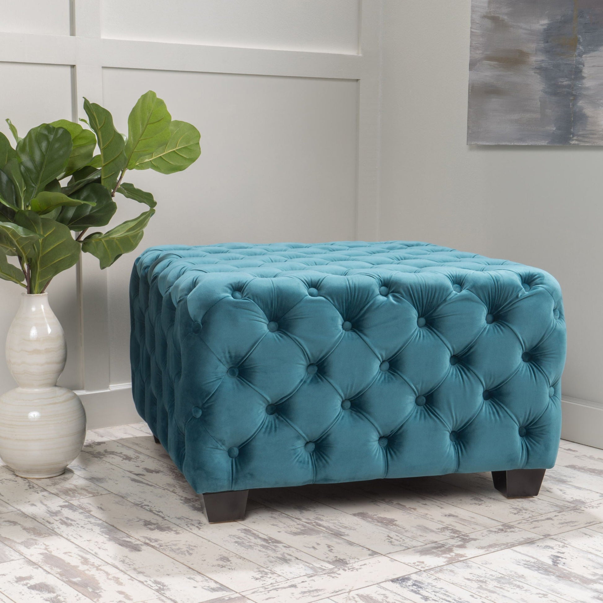Unwind Upholstered Square Ottoman With Button Tufted Diamond Stitch - Teal Noble House