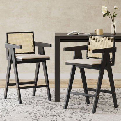 Woven Cane Plastic Backrest Bar Stool Foam Padded Fabric Seat & Durable Rubberwood Frame - Cream Gray Noble House