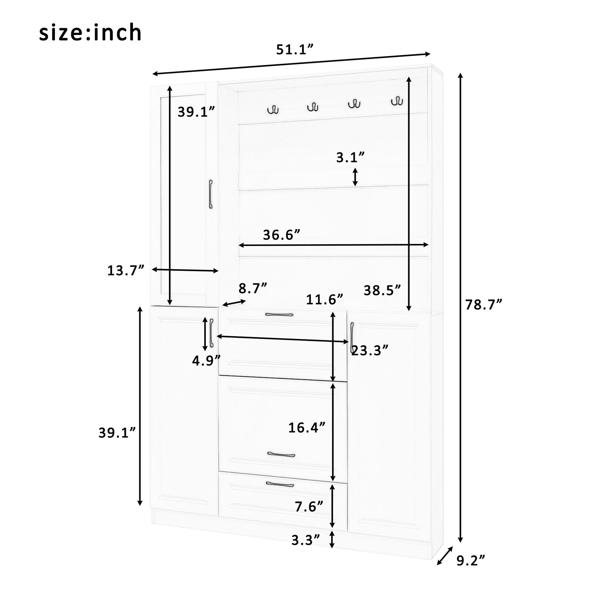 Entryway Bench With Integrated Shoe Cabinet, 3 In 1 Design And Mirrored Cabinet Door, Hall Tree With 4 Sturdy Hooks And Foldable Seat For Entrance, Living Room - White Hearth and Haven