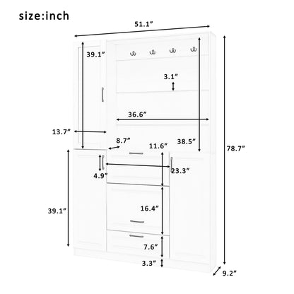Entryway Bench With Integrated Shoe Cabinet, 3 In 1 Design And Mirrored Cabinet Door, Hall Tree With 4 Sturdy Hooks And Foldable Seat For Entrance, Living Room - White Hearth and Haven