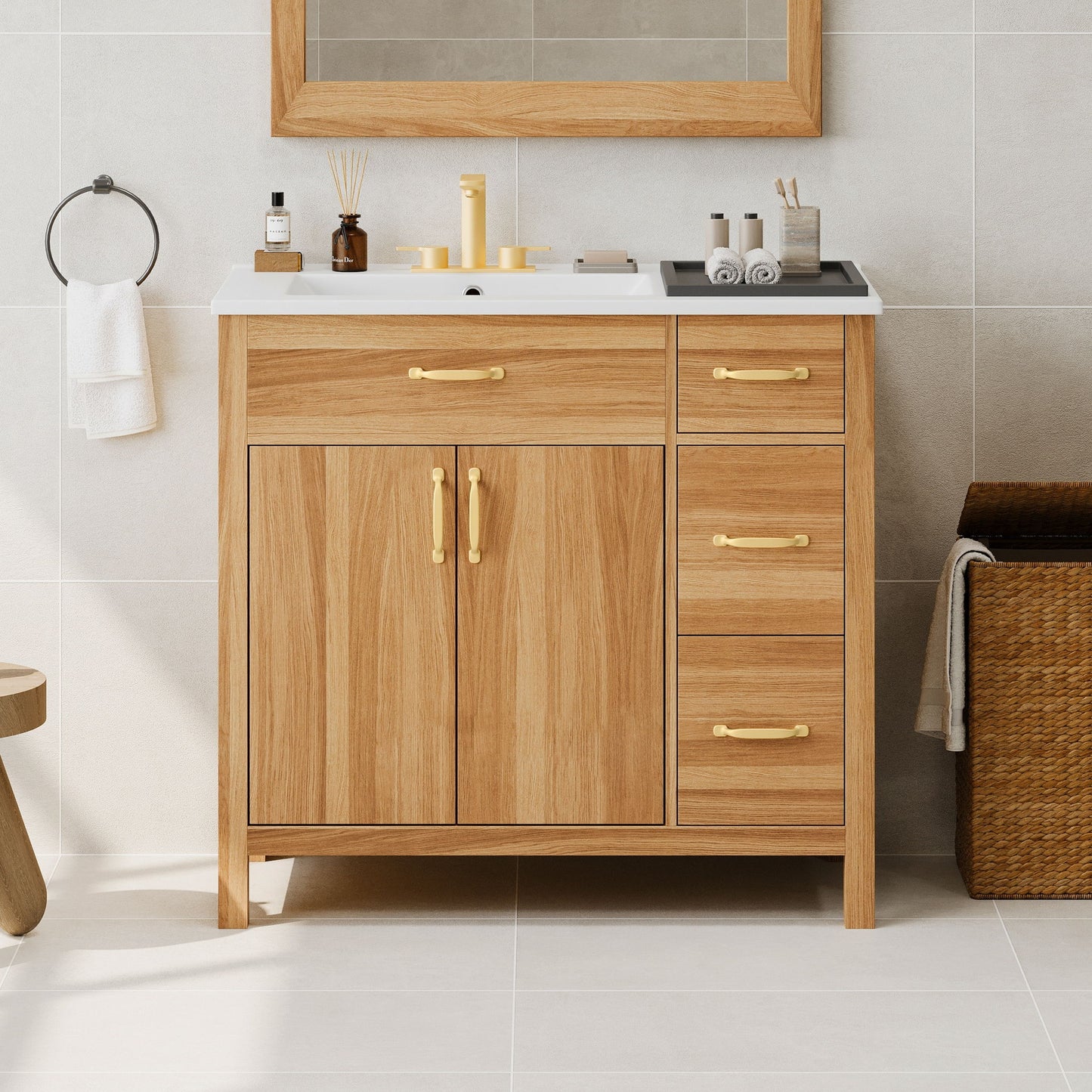 Bathroom Vanity, 2 Soft Close Doors, 3 Soft Close Drawers, Adjustable Shelf - Wood Hearth and Haven