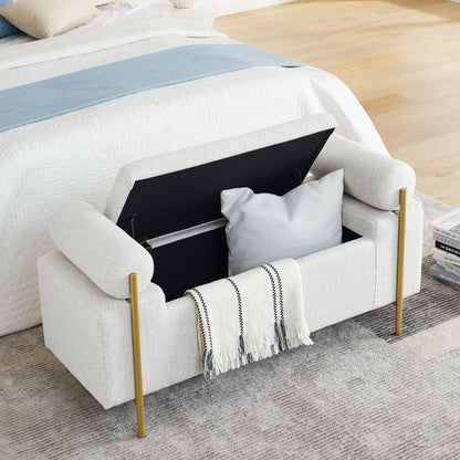 Elegant Upholstered Linen Storage Bench With Cylindrical Arms And Iron Legs, White Home Essentials