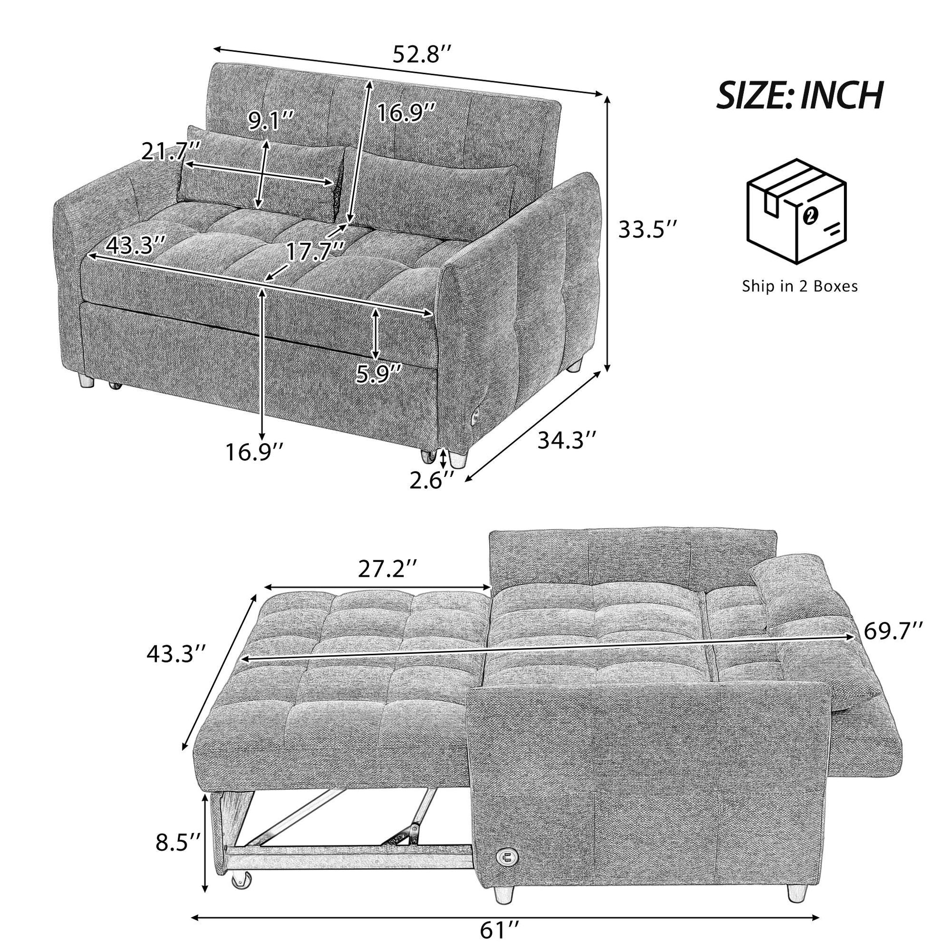 Loveseat Sofa Pull-Out Bed With Adjustable Backrest, 3 USB Ports And 2 Lumbar Pillows For Living Room Hearth and Haven