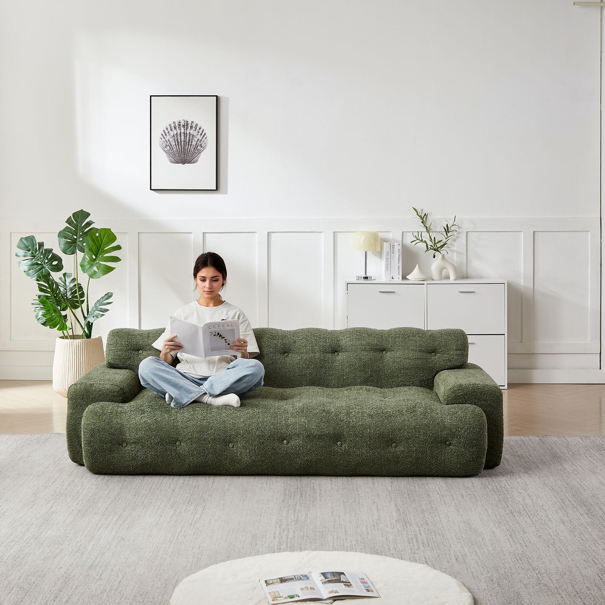 Cloud Series Minimalist Button Tufted Square Arm 3 Seater Sofa Home Essentials