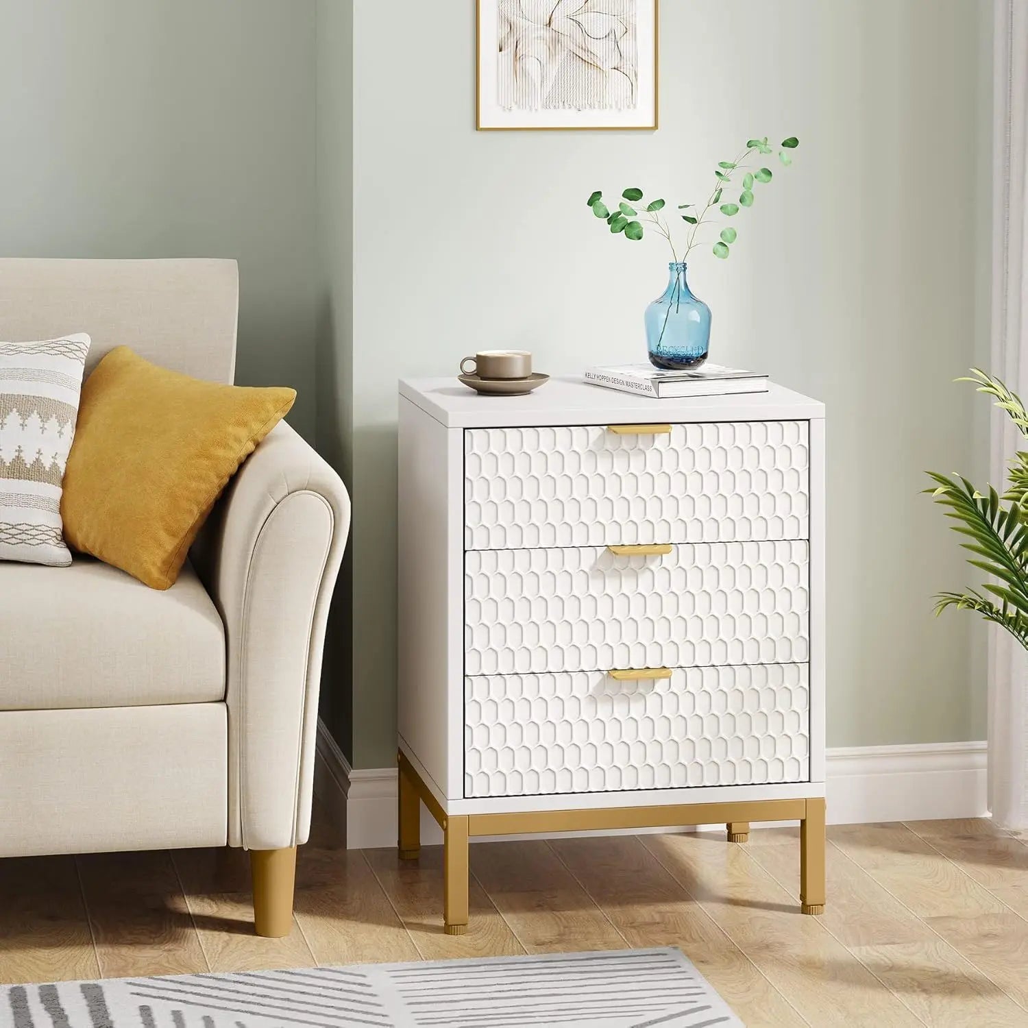 3 Drawer Nightstand With Hexagon Pattern, Storage Table For Living - White Home Essentials