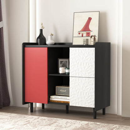 Modern Sideboard Buffet Cabinet With Red Doors And Unique Panel Styling Home Essentials