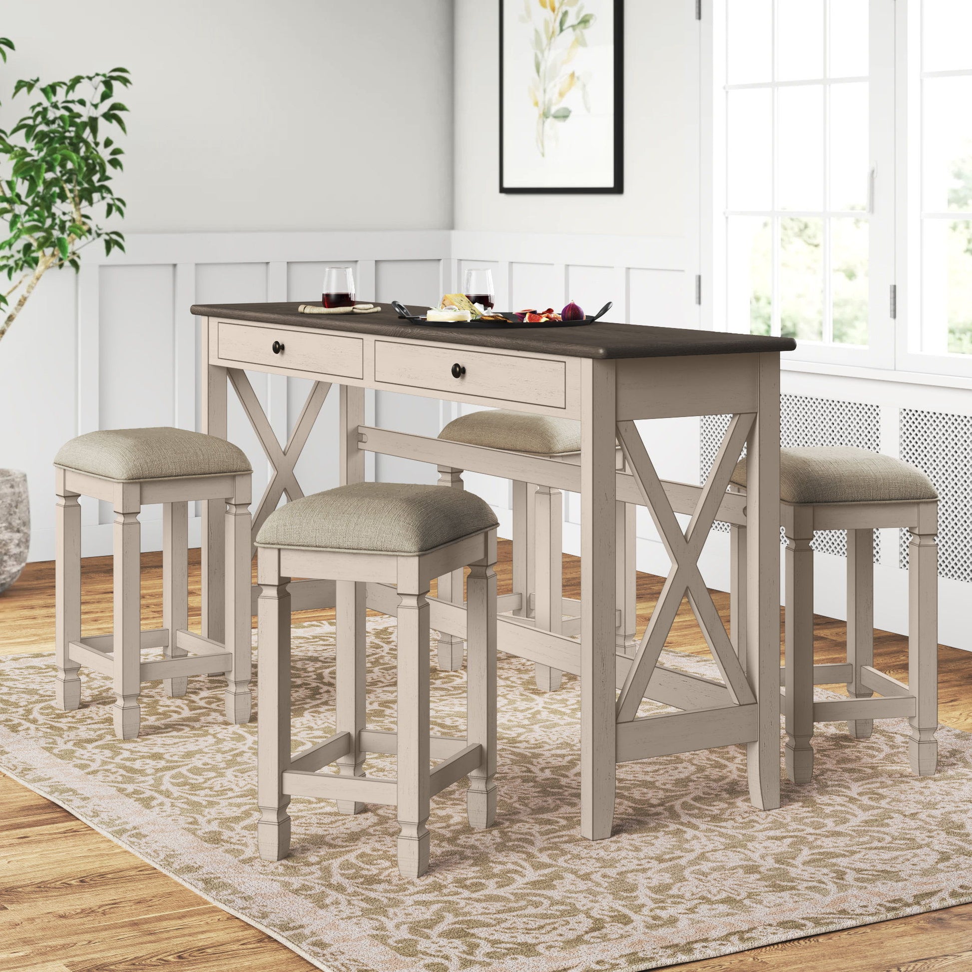 Console Table With 4 Stools - Antique White Bernards Furniture