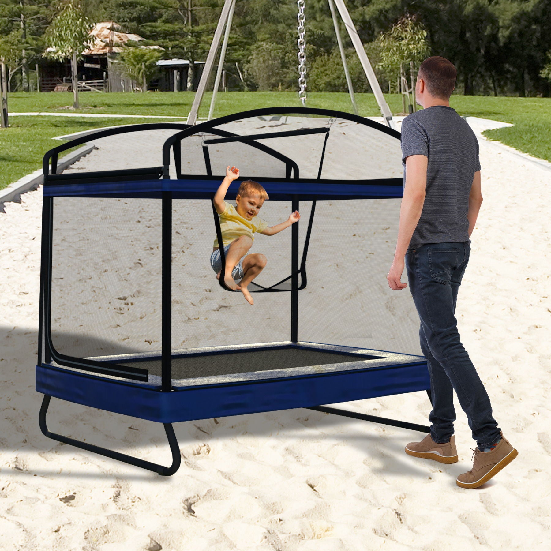 Outdoor Square Trampoline For Kids And Adults With Protective Net And Swing 4 X 6Ft - Black / Blue Daily Nest