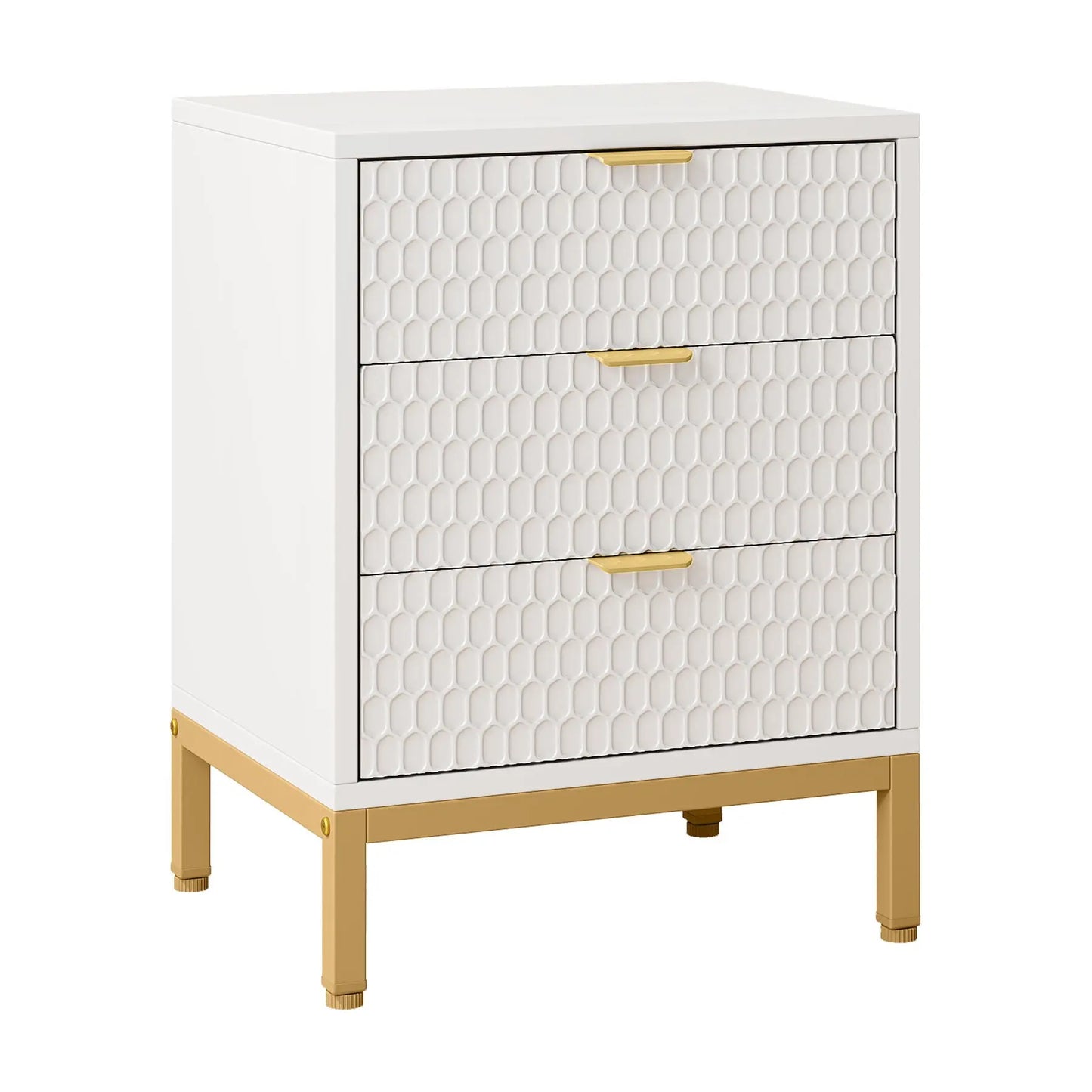 3 Drawer Nightstand With Hexagon Pattern, Storage Table For Living - White Home Essentials
